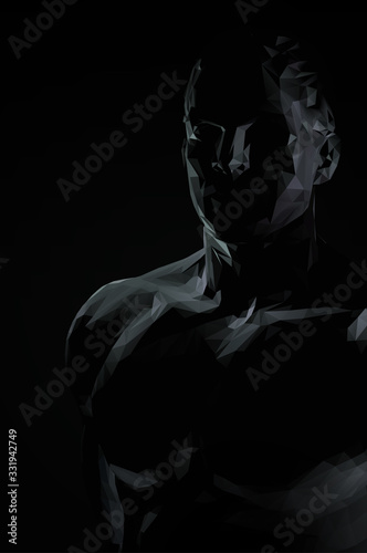 Low poly male body in the darkness with black space BG
