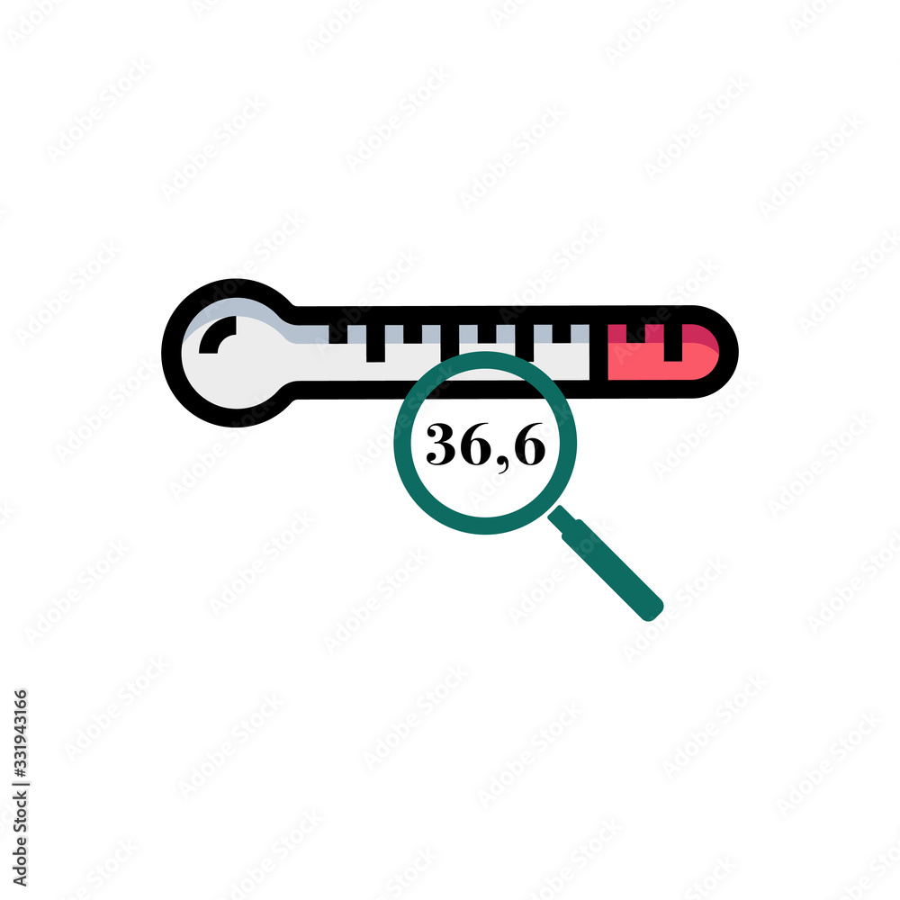 Thermometer with magnifying glass, illustration, vector on white background. Thermometer with magnifying glass, illustration, vector on white background.