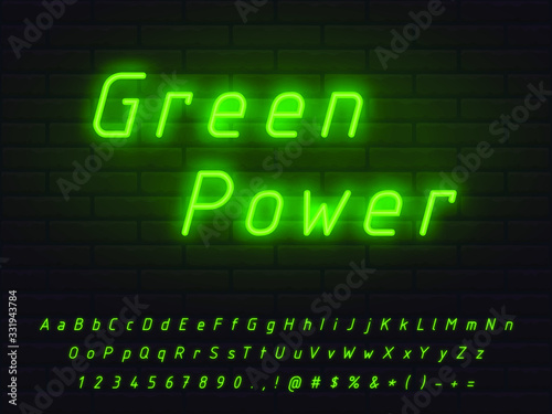 Set of green neon font. Letters, numerals, signs, icons with transparent glow for web design and advertising