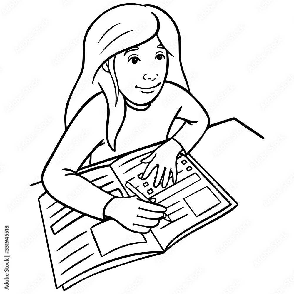 schoolgirl sits at the table and learns. exercise book, learning, coloring book, cartoon, illustration, monochrome. schoolgirl sits at the table and learns. exercise book, learning, coloring book, cartoon, illustration, monochrome.
