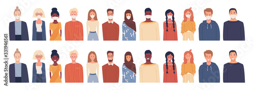 Set of vector illustrations in flat style isolated on white. Global society. Coronavirus epidemic. People wearing medical masks. Happy smiling healthy people of different nationalities, cultures