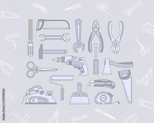 Work tool Icons set - Vector color symbols and outline of hammer, wrench, screwdriver, pliers, spanner, drill, axe and knife for the site or interface