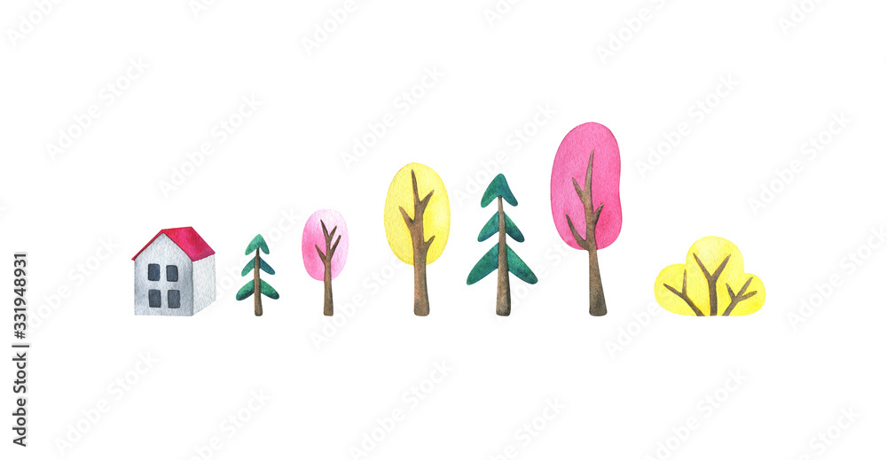 Tree, house, mountain, spruce. Set of watercolor illustrations isolated on a white background. The objects of the natural landscape for  design. Cute, childish, cartoon style. Yellow, pink, green.