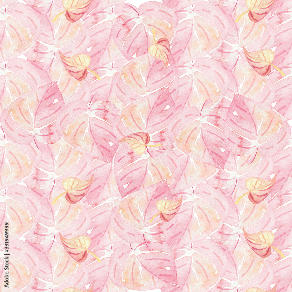 Watercolor background of tender pink leaves. For holiday paper, cards, invitations, textiles or wallpaper.