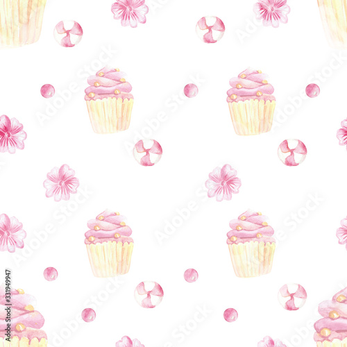 romantic white background for valentines day with cupcakes  small sweets and delicate pink flowers