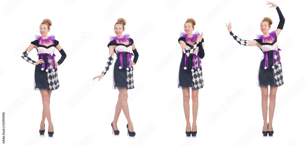 A girl in harlequin costume isolated on white A girl in harlequin costume isolated on white