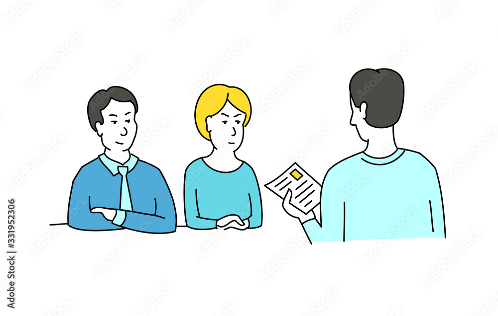 Interview sketch. Talking with a job applicant. Male recruiter hired, reading an employee cv resume. Vector cartoon. Interview sketch. Talking with a job applicant. Male recruiter hired, reading an employee cv resume. Vector cartoon.