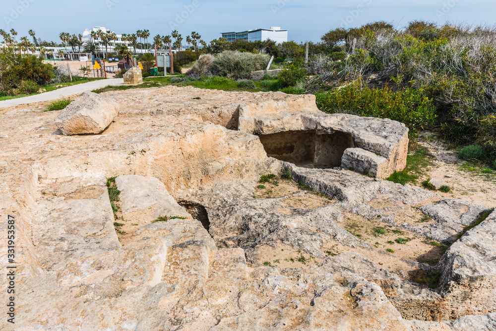 The Tombs of Makronissos are situated west of Agia Napa and consist of 19 rock-cut tombs, a small sanctuary and an ancient quarry, Cyprus. 