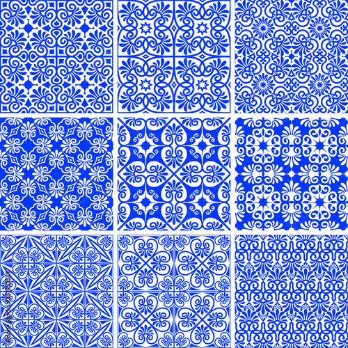 Vector set of seamless ancient and modern greek blue patterns on a white background. Samples in swatches palette