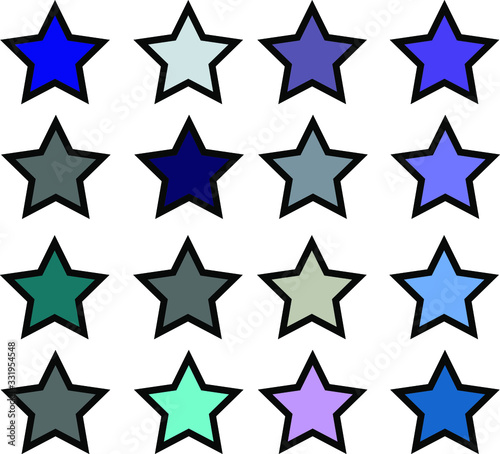 16 cool solid colored star vector icon set with black borders. Water  soft theme or concept..