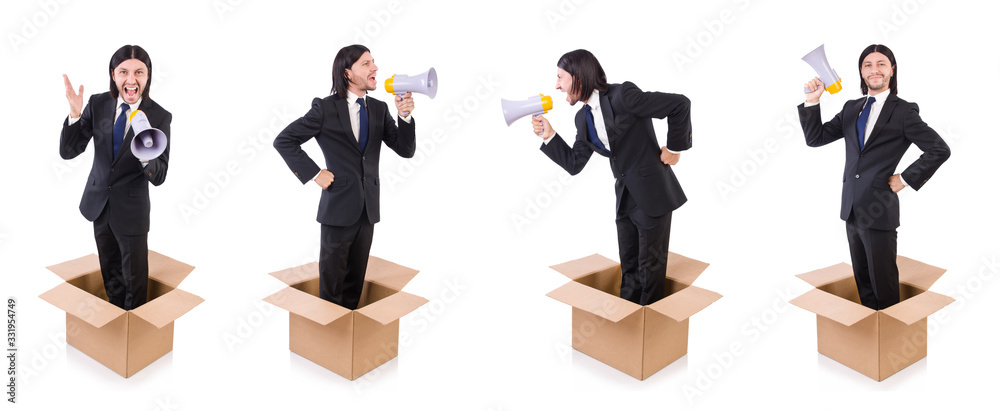 Fototapeta premium Man with loudspeaker in the box