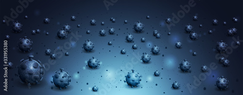 Dead viruses and coronavirus bacteria on dark and blue background. Background template of coronavirus COVID-2019