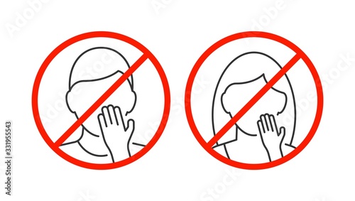 Do not touch your face line icon on white background. Man and woman avatar