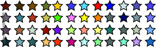 36 solid multi colored star vector illustrations with black background. Bright, cool, earth tone and vibrant color options.