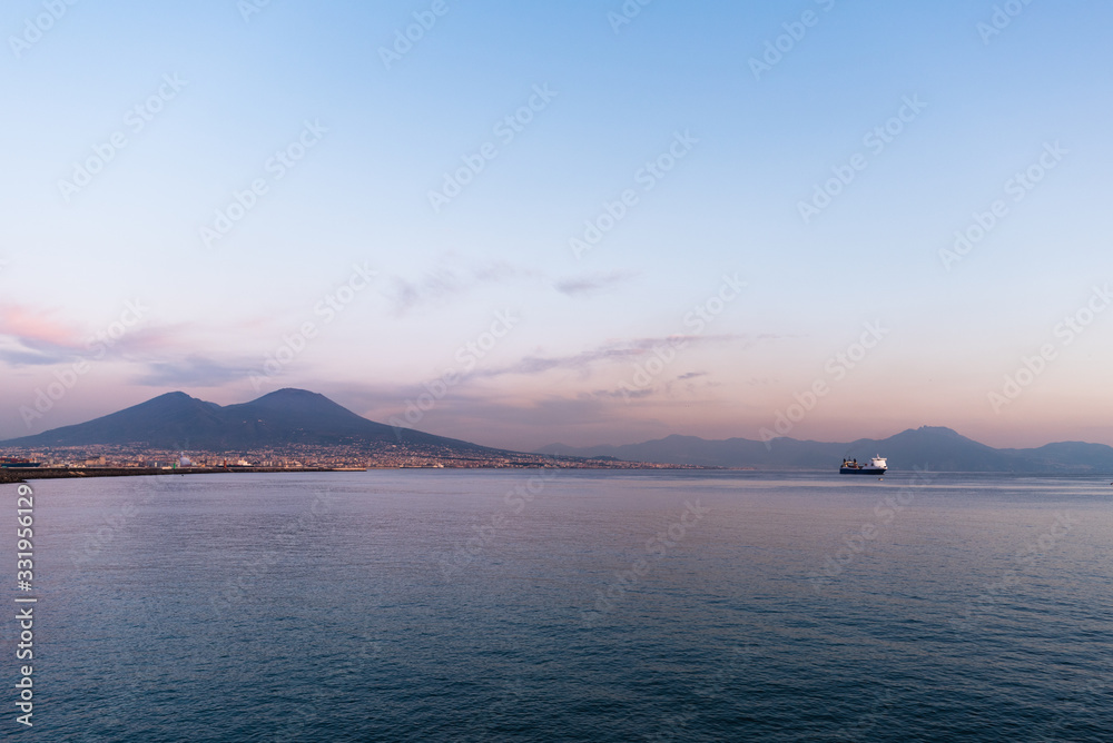 View of Mount Vesuvius and the gulf of Naples at sunset, Italy