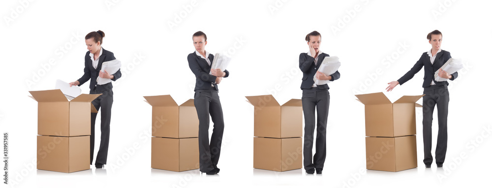 Woman businesswoman with boxes on white Woman businesswoman with boxes on white