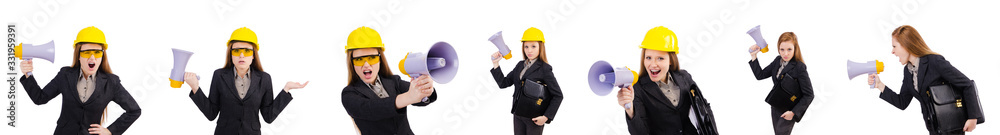 Female construction worker with loudspeaker isolated on white Female construction worker with loudspeaker isolated on white