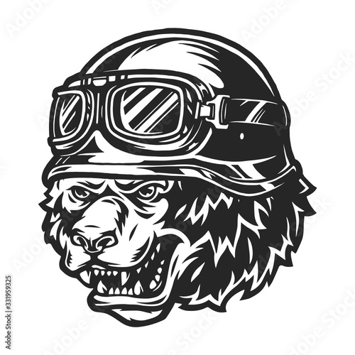 Vintage monochrome aggressive bear biker head