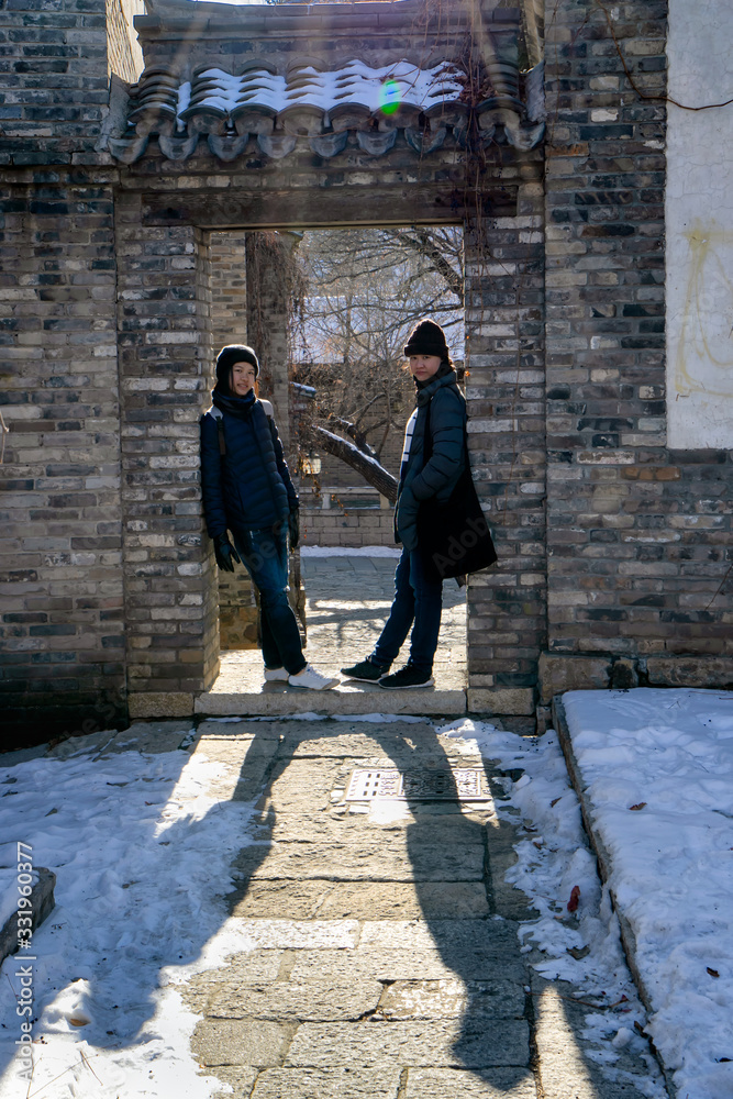 Lovely mother and daughter couple asian at Gubei water town in Beijing,China.