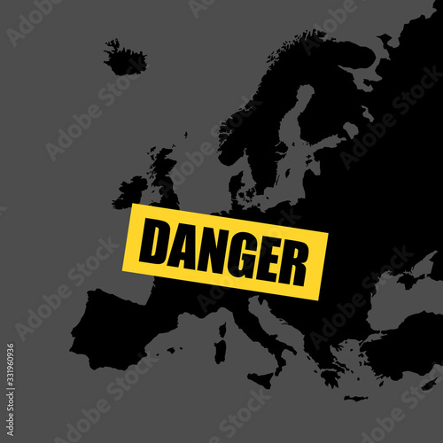 Europe and warnign and alert about danger and dangerous risk. vector illustration of map and yellow sign. photo