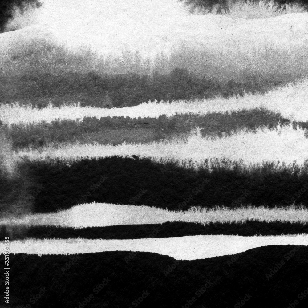 Obraz Abstract landscape ink hand drawn illustration. Black and white ink winter landscape with river. Minimalistic hand drawn illustration card background poster banner. Hand drawn watercolor black lines.