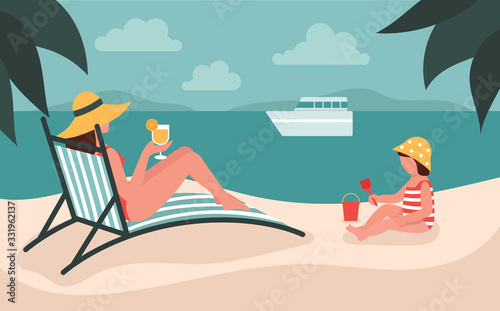 Young beautiful woman in a hat lies on a deck chair and drinks orange juice. Vacation with children.Mother and daughter.Flat vector illustration.