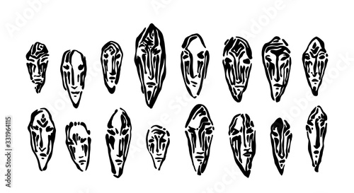 Ancient stone masks set. Hand drawn face prints graphic vector illustration, black isolated on white background painted by ink