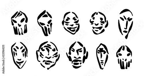 Simple ancient stone masks collection. Hand drawn human and alien face prints graphic vector illustration, black isolated on white background painted by ink