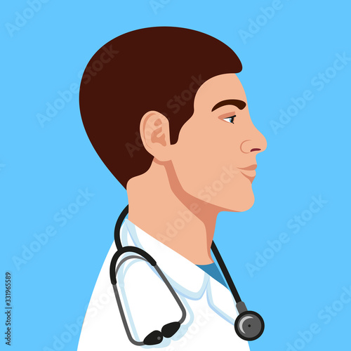 Handsome European man doctor profile avatar. Healthcare personal. Pharmacy staff. Veterinarian. Surgeon. Therapist. Hospital nurse. Vector Illustration.