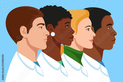 European and African American doctors team: men and women physicians profile avatar. Healthcare personal. Pharmacy staff. Veterinarian. Surgeon. Therapist group. Hospital nurse. Vector Illustration.