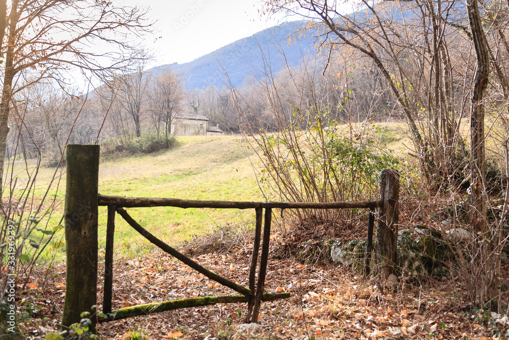 Wooden fence along countryside path. Rural landscape