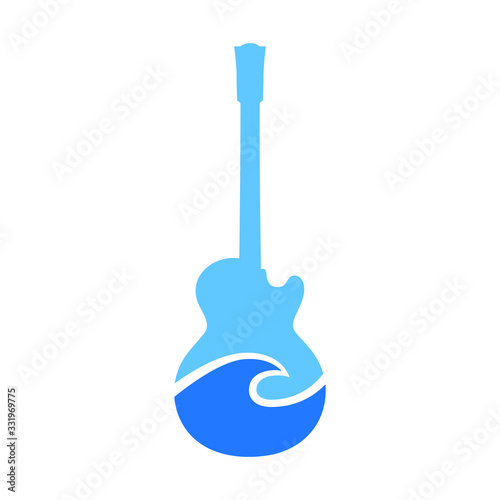 Abstract blue electric guitar with a wave symbol on white background. Design element