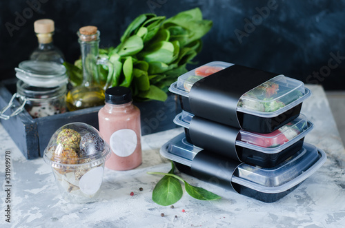 Healthy food and diet concept, restaurant dish delivery. Take away of fitness meal. Weight loss nutrition in boxes. Three meals a day, dessert and smoothies
