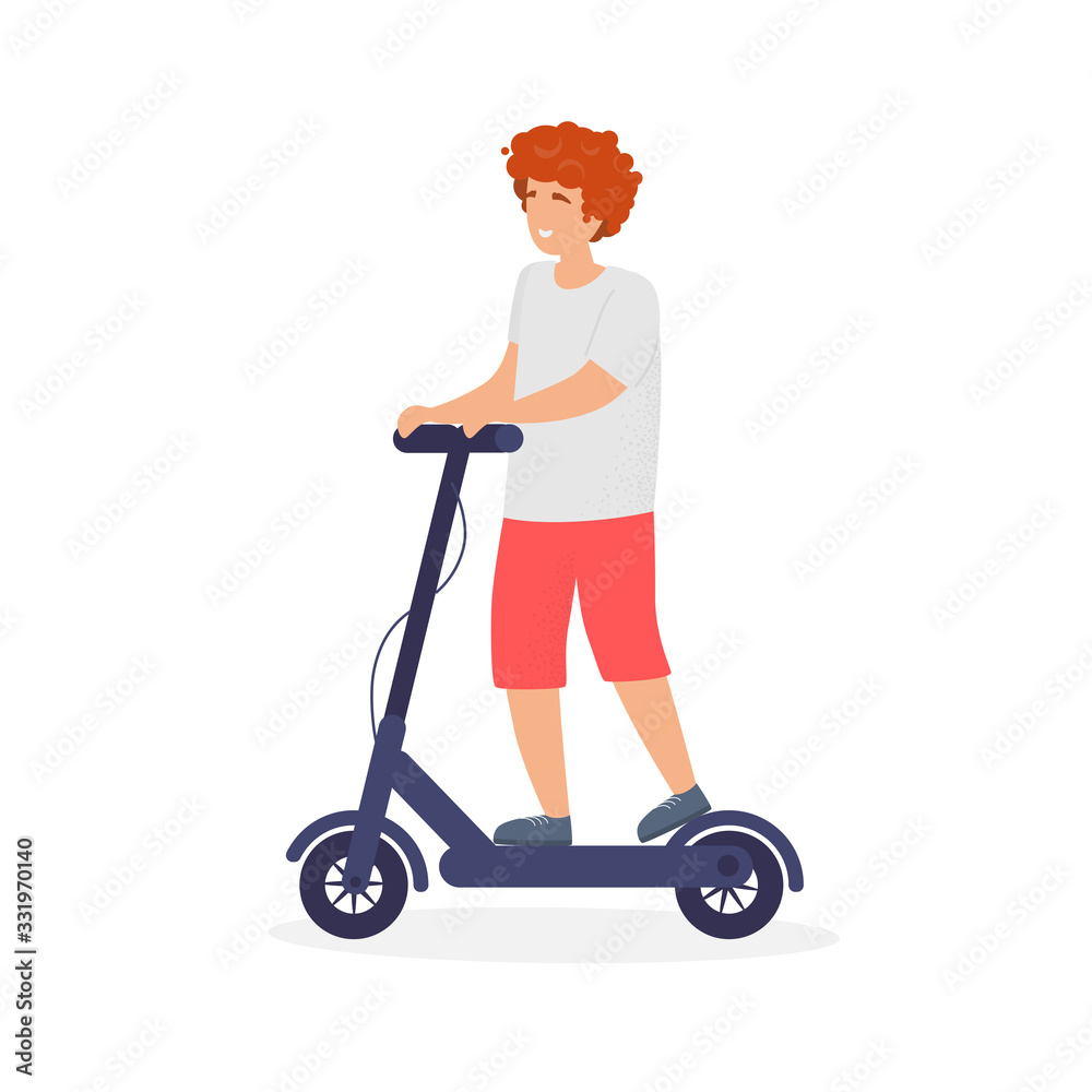 Happy young guy riding an electric scooter. City transport of the future. Rental. Journey. Modern vector illustration. Happy young guy riding an electric scooter. City transport of the future. Rental. Journey. Modern vector illustration.