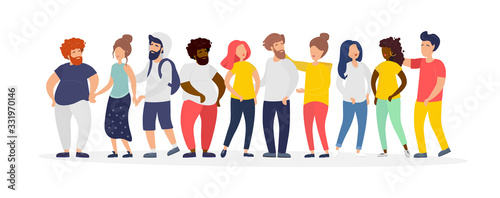 Big set of people of different nationalities. Beautiful ground lyuli are standing in a big company and talking. Meeting  social event  crowd  people. Beautiful modern vector illustration.
