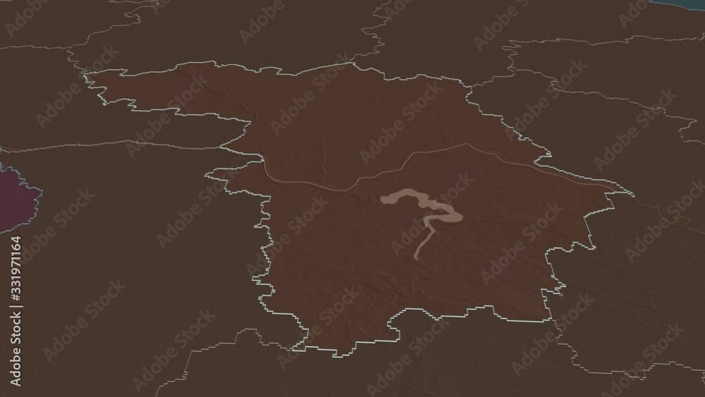 Kauno, county with its capital, zoomed and extruded on the administrative map of Lithuania in the conformal Stereographic projection. Animation 3D