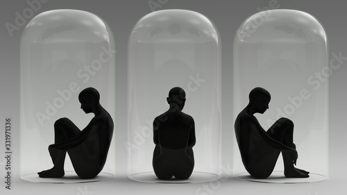 Self Isolation 3 Woman Sitting Down in a Giant Bell Jar 3d illustration 3d render