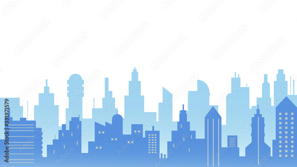 blue silhouette of city building flat design illustration vector, urban cityscape background 