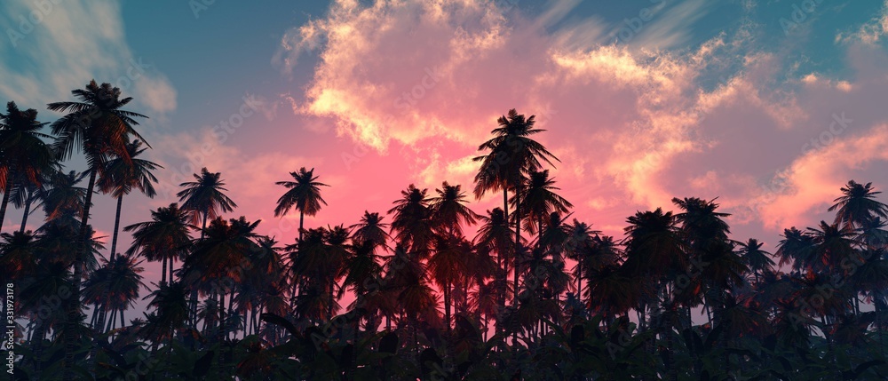 Palm trees against the sky, beautiful sky with clouds and palm trees, sunset over palm trees, tropical sunset, 3D rendering