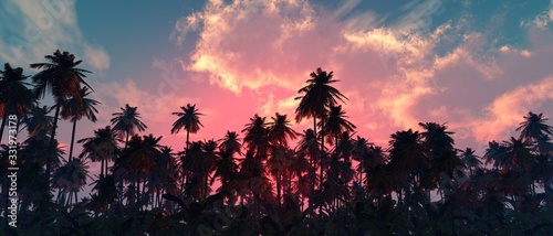 Palm trees against the sky, beautiful sky with clouds and palm trees, sunset over palm trees, tropical sunset, 3D rendering