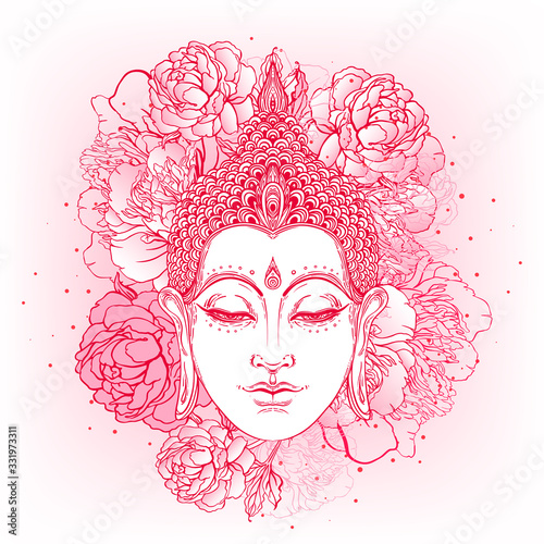 Buddha face with peonies on background. Vector illustration. Psychedelic neon composition. Indian, Buddhism, Spiritual Tattoo, yoga, spirituality. Sticker, patch, poster graphic design.