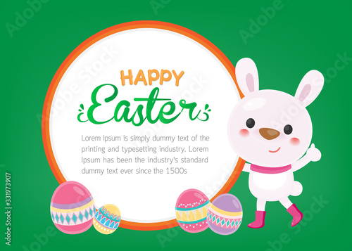 Happy Easter Day with colorful egg and cute rabbit. Easter banner. Easter egg on white background.