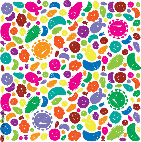 Seamless pattern of multi-colored cartoon style microorganisms. Find evil coronavirus. Vector. Pattern for textile. Endless texture