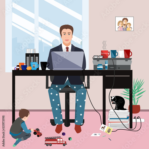 Businessman in a suit jacket and pajama bottoms working from home and his little son playing on the floor. Covid or coronavirus quarantine concept, self isolation. Vector illustration
