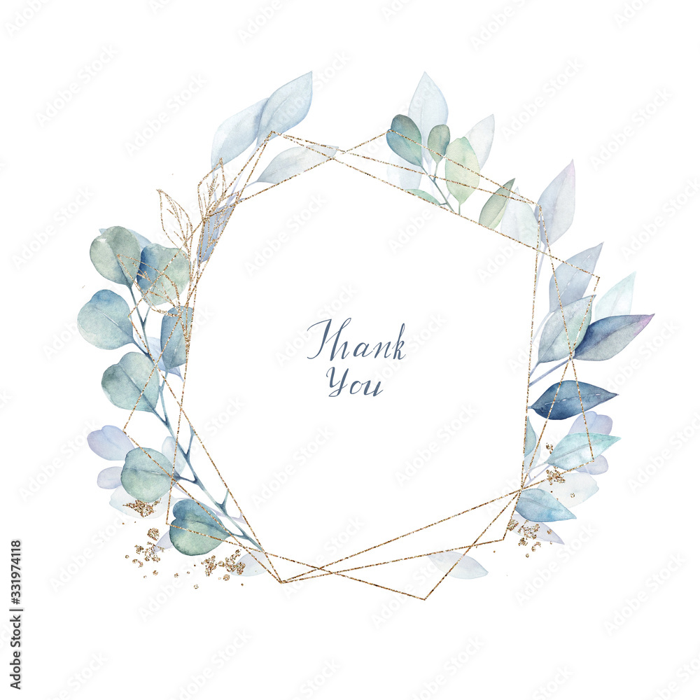 Watercolor floral frame with green and gold leaves on white background ...