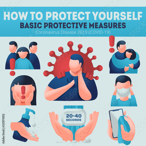 Coronavirus COVID-19 preventions. Caucasion man explain protection measures. Infographics banner, wear face mask, wash hands, desinfect.