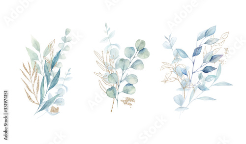 Watercolor floral  set with green and gold leaf branches  eucalyptus  olive leaves on white background  for wedding stationary  greetings  wallpapers  fashion  background.