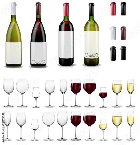 Full and empty wine glasses. Red and white wine bottles.