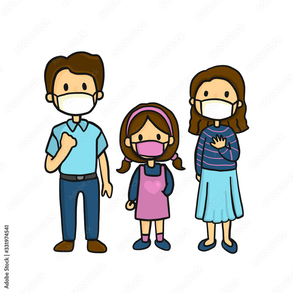 Family wearing medical masks to prevent disease, flu, air pollution in hand drawing styles. Family doodle character.