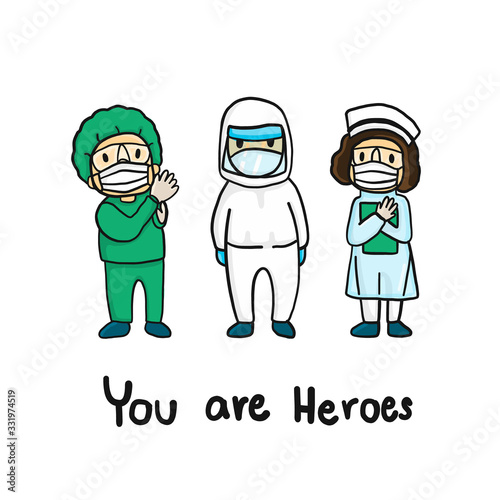 Medical team in hand drawing styles. Doctor and nurse in the protective suits and masks fight for COVID-19. Doodle character.
